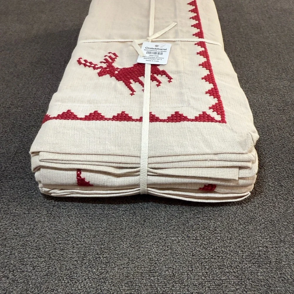 Crate & Barrel Red Cross Stitch Holiday Reindeer Dinner Napkins, Set of 4